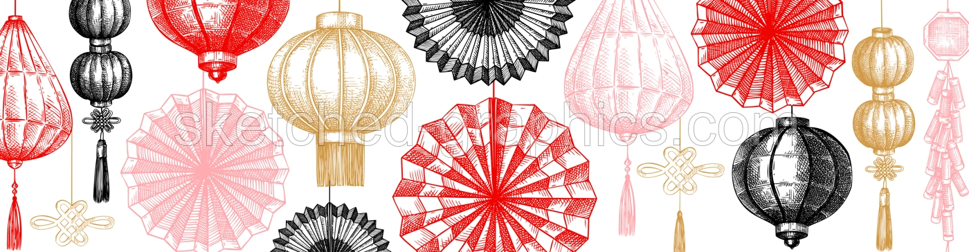 Chinese lantern and folding fan sketch. Lunar New Year decoration. China style website banner vector template. NOT AI generated image Illustration